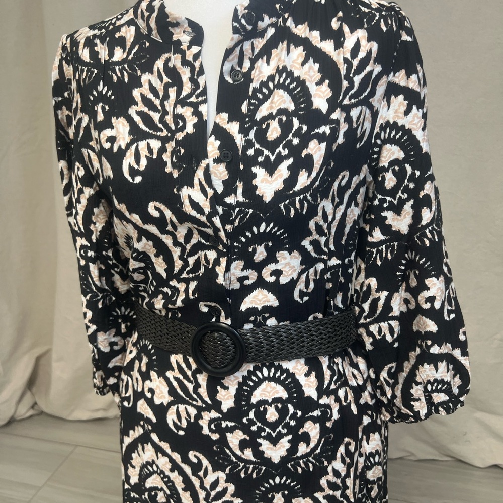 NWT Ellison Ikat‎ Black and Cream Print Midi Dress Sz M